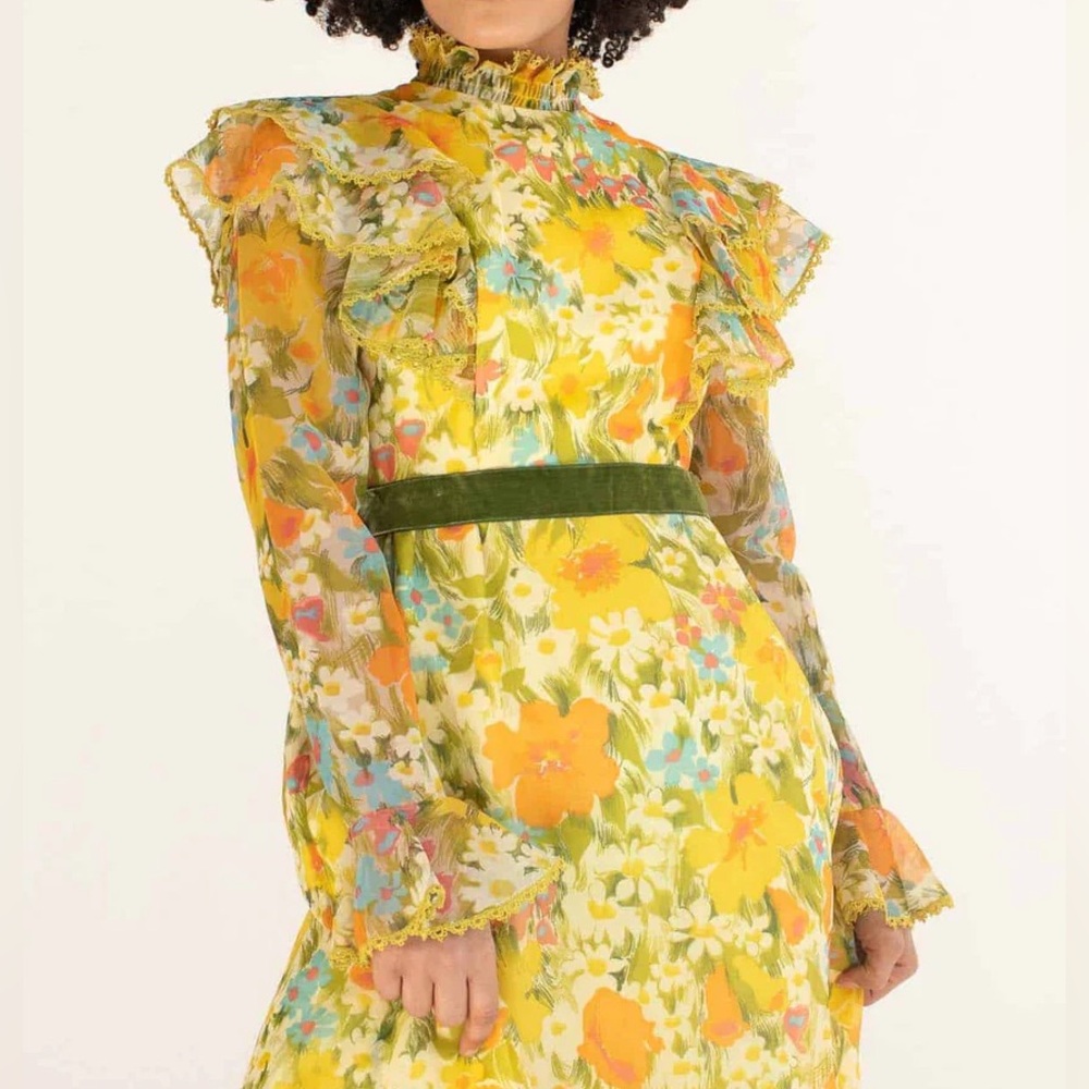 Vintage 1970s Edwardian prairie maxi dress -green Floral Ruffle Dress - Picture 3 of 14